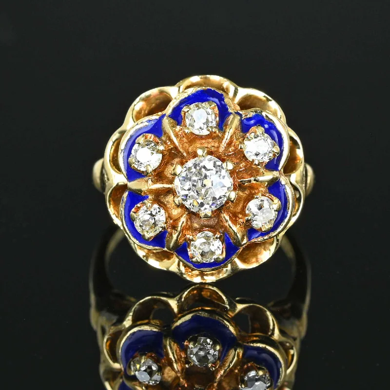 Cobalt Blue Enamel Mine Cut Diamond Ring in 14K Gold