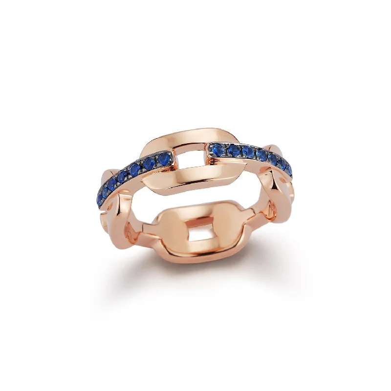 SAXON 18K GOLD AND BLUE SAPPHIRE BAR FLAT CHAIN LINK RING