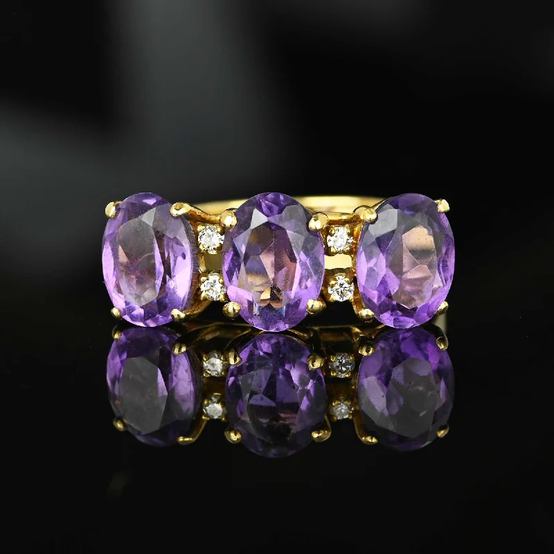 Vintage Diamond 14K Gold Three Stone Amethyst Ring