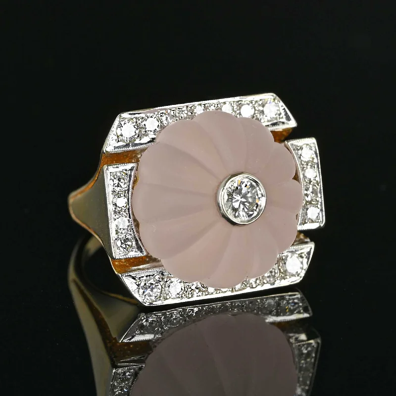 Vintage Melon Rose Quartz Diamond Ring in 14K Gold