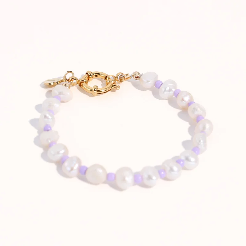 18K Gold Plated Freshwater Pearls with Purple Glass Beads - Taro Bracelet 10"