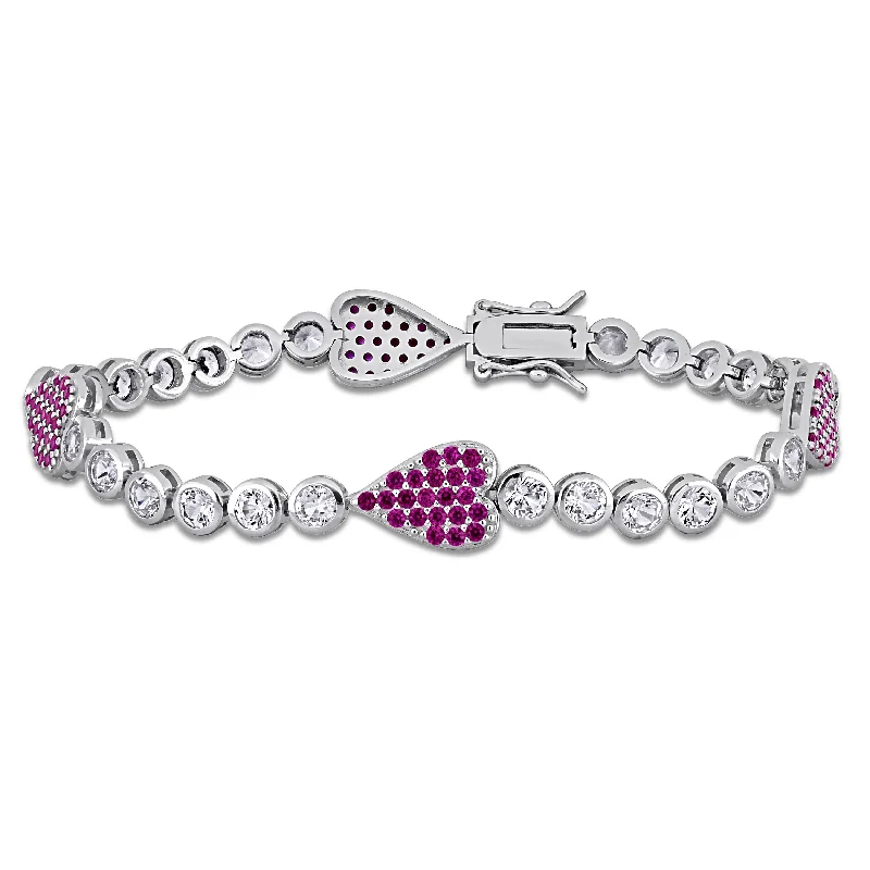 Mimi & Max 9 1/2ct TGW Created Ruby Created White Sapphire Heart Bracelet Sterling Silver