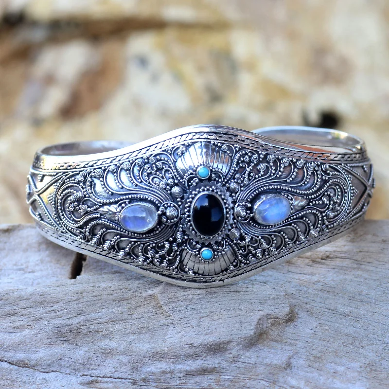 Radiant Bali Onyx & Rainbow Moonstone Cuff Bracelet