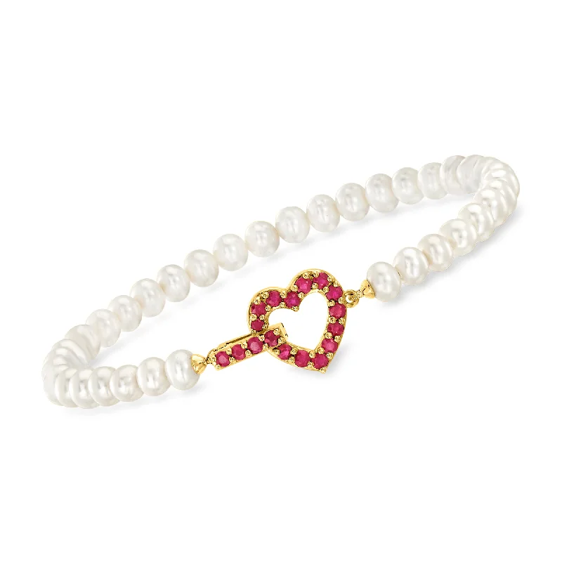 Discounted Jewelry For A Glamorous Look Ross-Simons 4.5-5mm Cultured Pearl and . Ruby Heart Bracelet in 18kt Gold Over Sterling