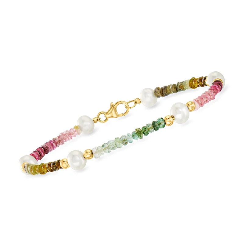 Ross-Simons 5-5.5mm Cultured Pearl and Multicolored Tourmaline Bead Bracelet With 14kt Yellow Gold