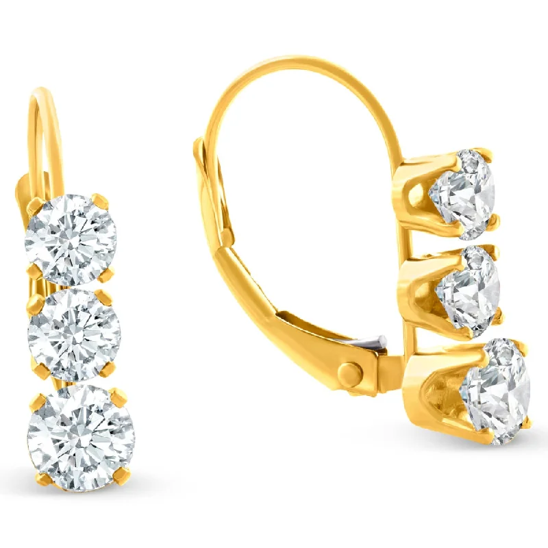 1/2ct 3 Stone Diamond Earrings 14K Yellow Gold Lever Back Hoops