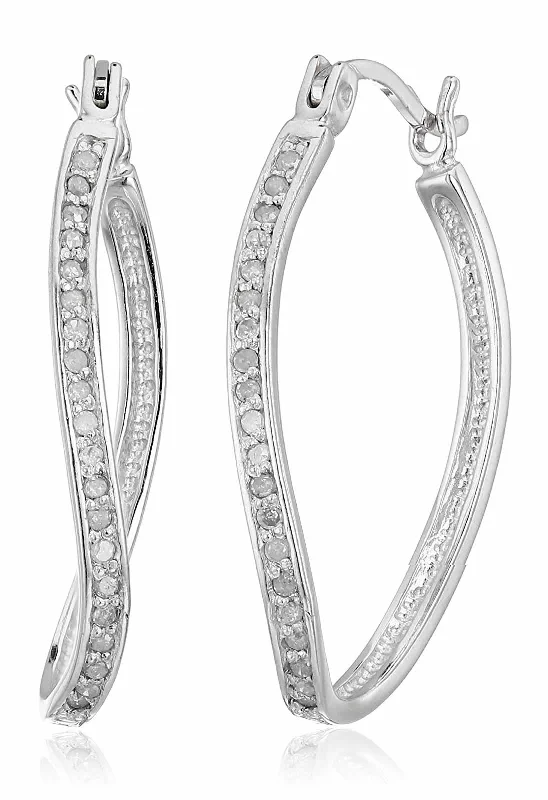 1/4 cttw Diamond Hoop Earrings .925 Sterling Silver with Rhodium Plating 1 Inch