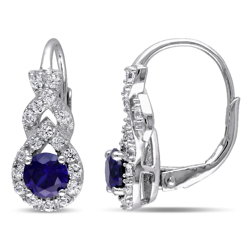 1 7/8 CT TGW Created Blue and White Sapphire Twist Leverback Earrings in Sterling Silver