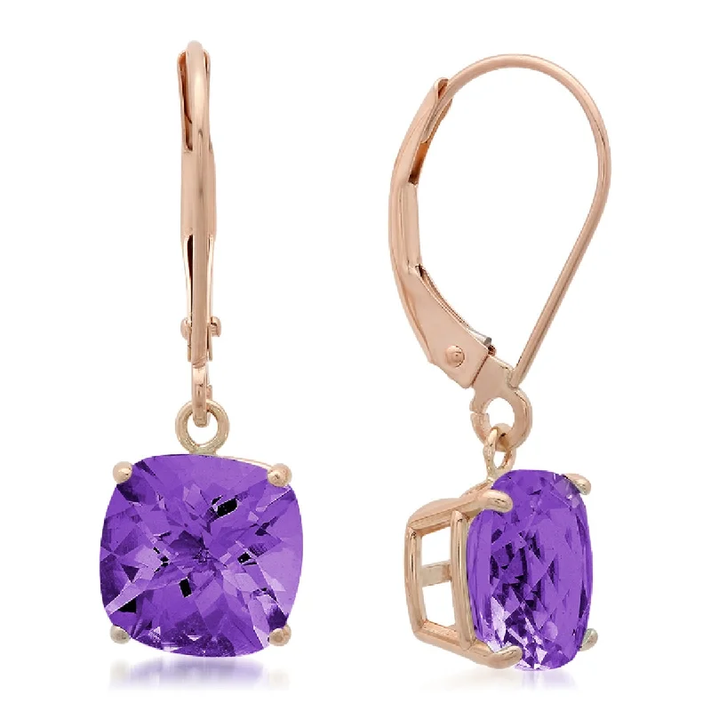 10K Rose Gold 8MM Cushon Checkerboard Cut Amethyst Dangle Leverback Earrings