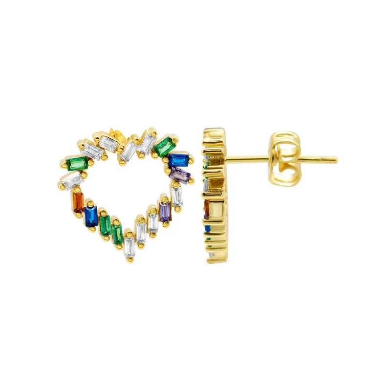 14k Gold Plated Rainbow Baguette Open Heart Studs Earrings