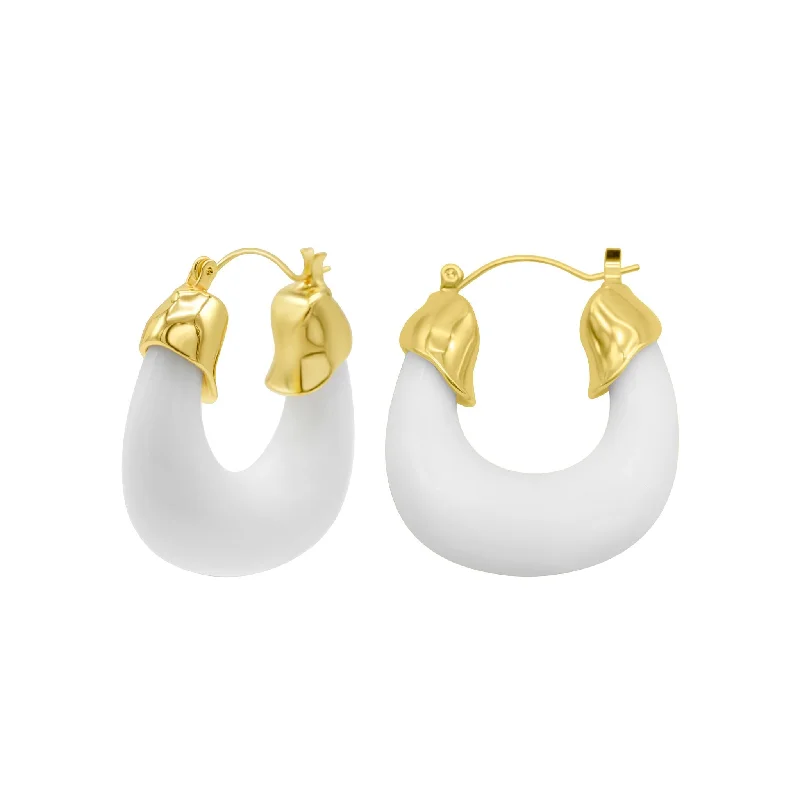 14K Gold Plated White Lucite Boxy Hoop Earrings