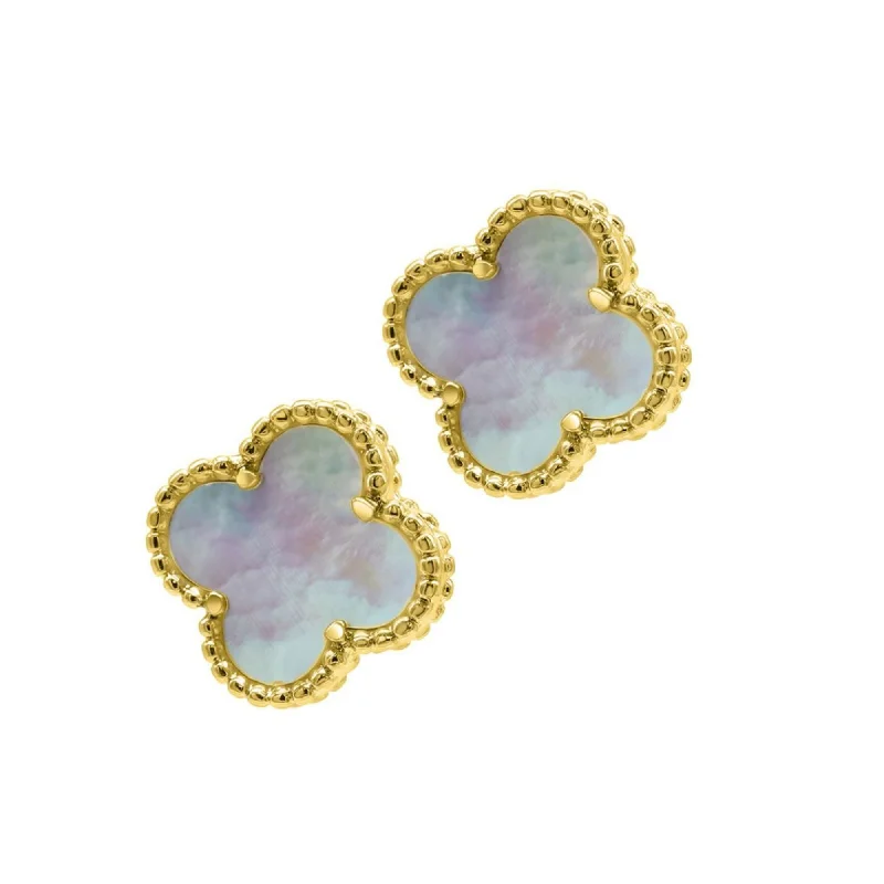 14k Gold Plated White Mother of Pearl Flower Stud Earrings