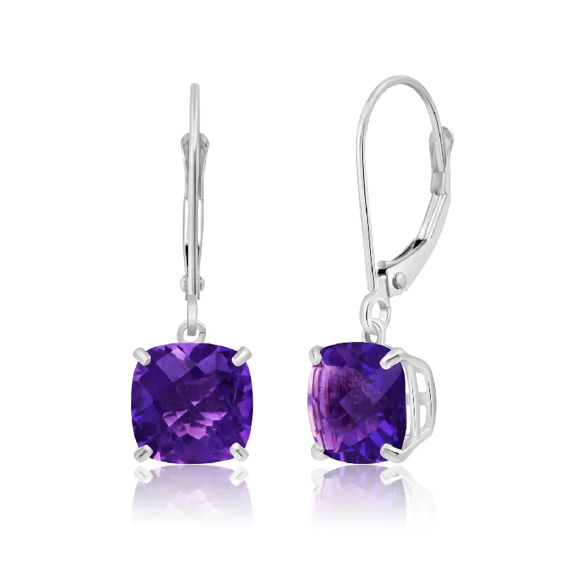 14k Solid White Gold Gemstone Dangle Leverback Earrings (8mm)