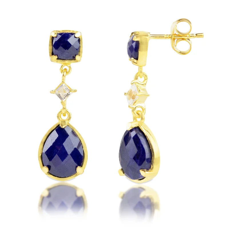 18K Gold Plated Genuine Blue Sapphire 3 Stone Dangle Drop Earrings