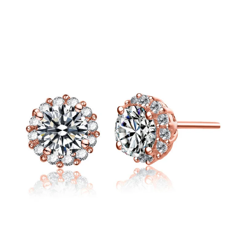 18k Rose Gold Plated with Clear Cubic Zirconia Pave Stud Earrings