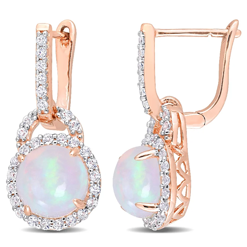 3 3/8 CT TGW Blue Ethiopian Opal and White Topaz Hoop Halo Charm Earrings in Rose Plated Sterling Silver