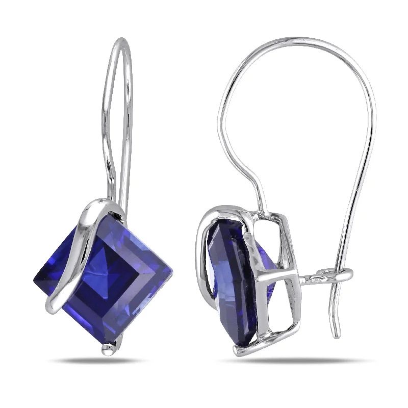 3 3/8 CT TGW Square Cut Created Blue Sapphire Earrings in 10K White Gold