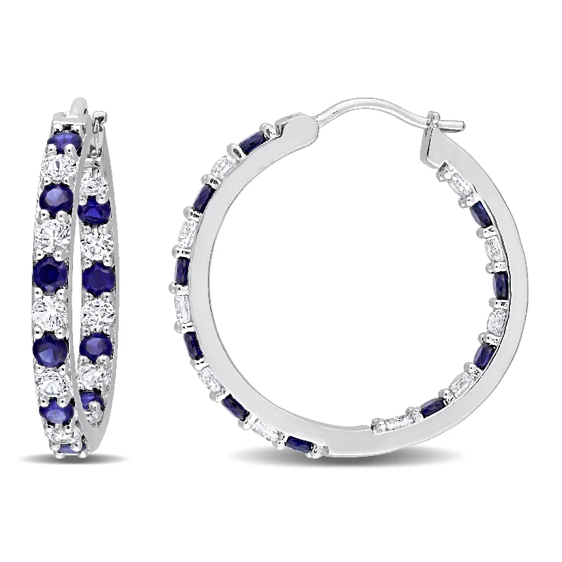 3 5/8 CT TGW Created Blue and White Sapphire Hoop Earrings in Sterling Silver