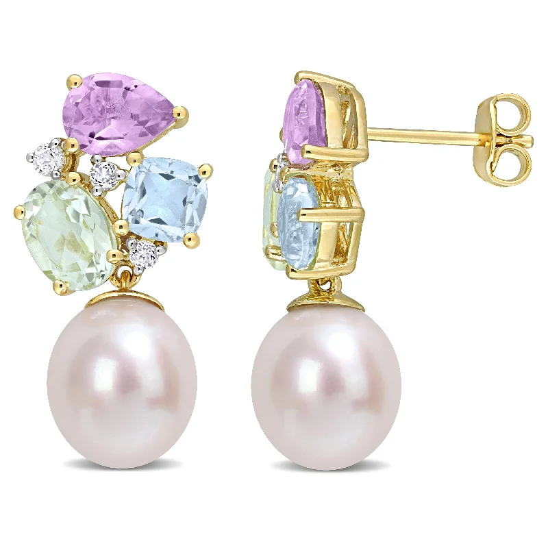 9-9.5 MM Freshwater Cultured Pearl and 4 3/4 CT TGW Multi-Color Gemstone Drop Earrings in Yellow Plated Sterling Silver