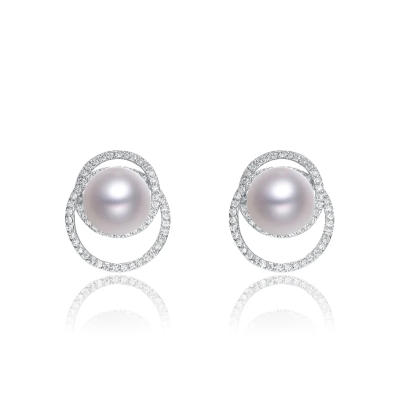 Cubic Zirconia Sterling Silver Rhodium Plated Round Pearl Earrings