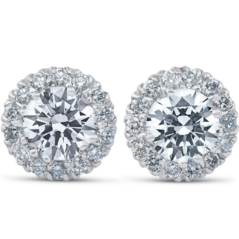 F/VS 3Ct Round Halo Diamond Studs 14k White Gold Lab Grown 11.5mm