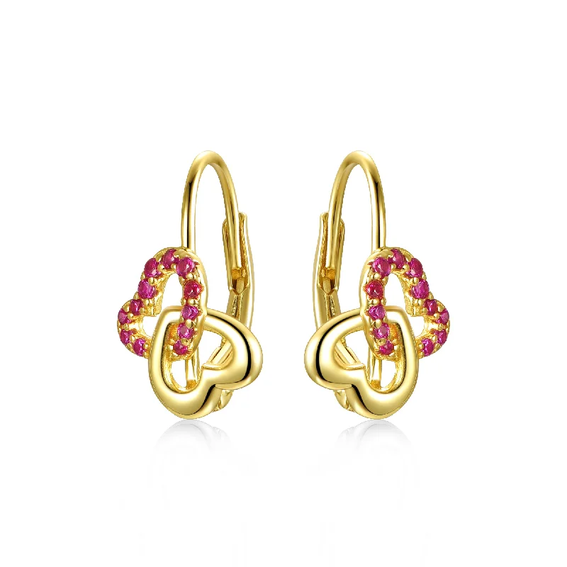 Ga Kids/teen Sterling Silver 14k Yellow Gold Plated With Ruby & Diamond Double Heart Halo Drop Leverback Earrings.