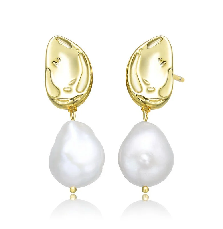 GENEVIVE Sterling Silver Gold Plating Freshwater Pearl Dangling Earrings