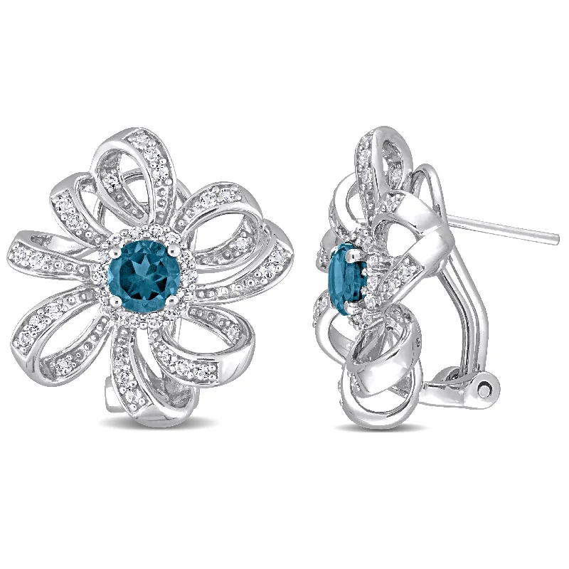 Mimi & Max 1 7/8ct TGW London Blue Topaz and White Topaz Flower Clip Earrings in Sterling Silver