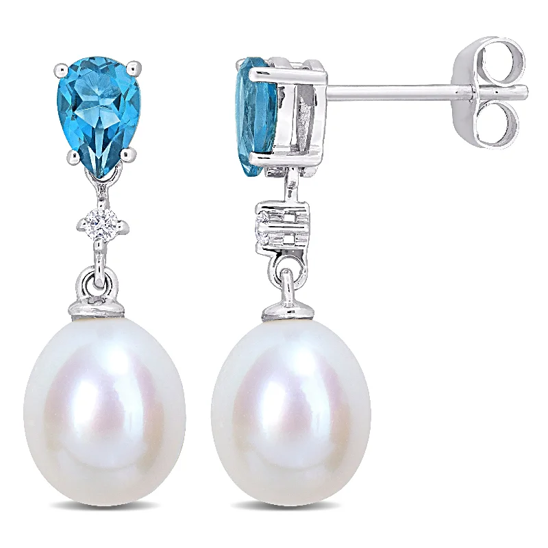 Mimi & Max 8-8.5mm Cultured Freshwater Pearl 1ct TGW Pear-Cut London Blue Topaz and Diamond Accent Drop Earrings in 10k White Gold