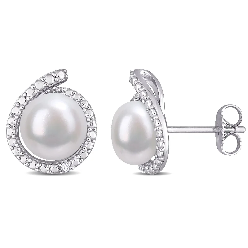 Mimi & Max 8-8.5mm Cultured Freshwater Pearl and Diamond Accent Halo Stud Earrings in Sterling Silver