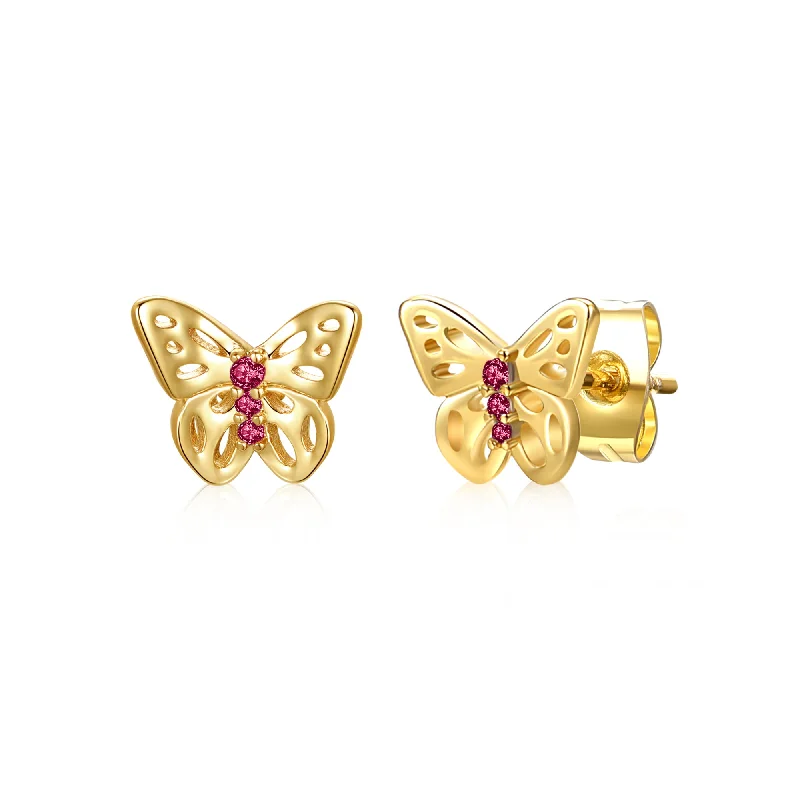 Ra 14k Yellow Gold Plated With Ruby Cubic Zirconia 3-stone Filigree Butterfly Stud Earrings