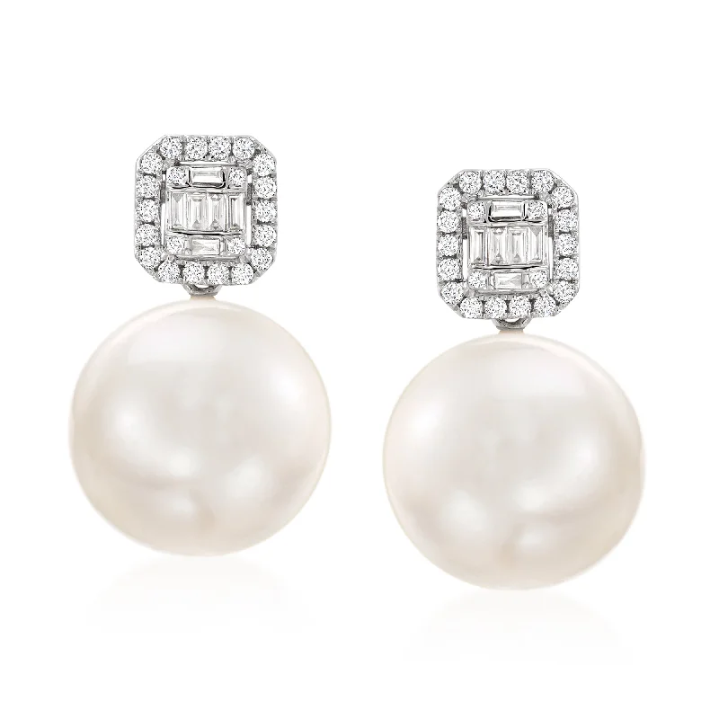 Ross-Simons 12-14mm Cultured Pearl and . Diamond Earrings in 18kt White Gold