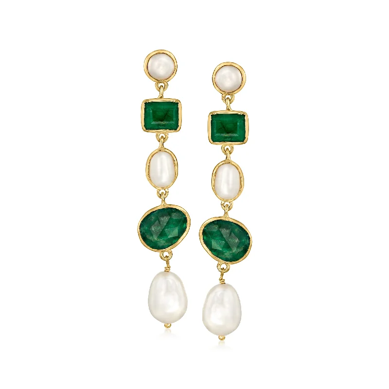 Ross-Simons 6-9mm Cultured Pearl and Bezel-Set Emerald Drop Earrings in 18kt Gold Over Sterling