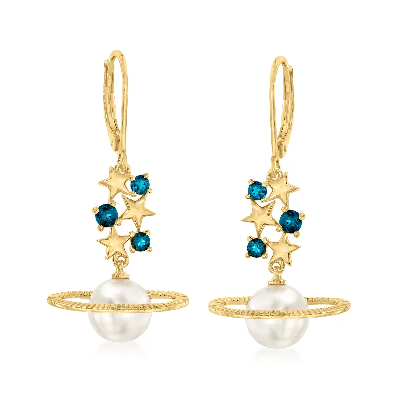 Ross-Simons 8.5-9mm Cultured Pearl and . London Blue Topaz Celestial Drop Earrings in 18kt Gold Over Sterling