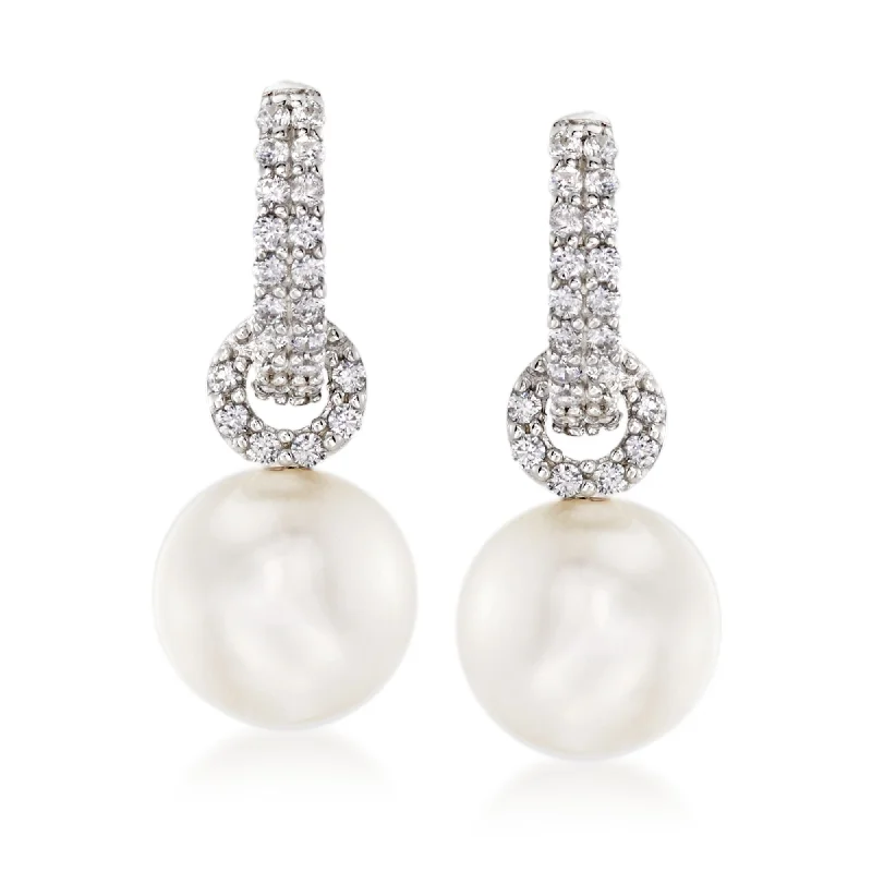 Ross-Simons Cultured Pearl and CZ Hoop Drop Earrings in Sterling Silver