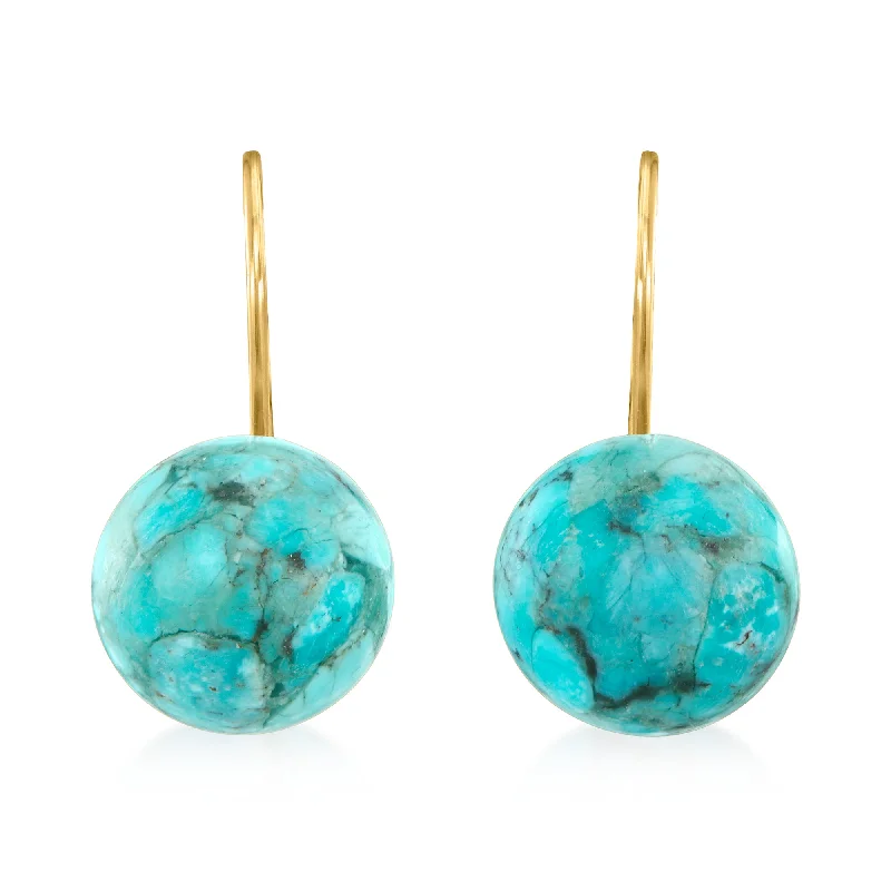 Ross-Simons Button Turquoise Drop Earrings in 14kt Yellow Gold