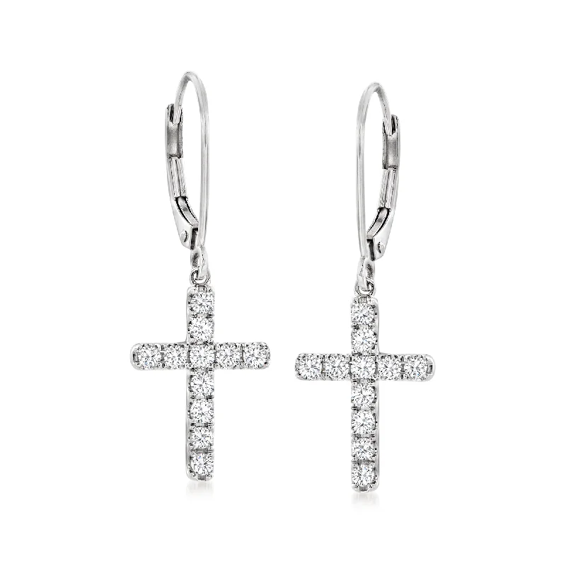 Ross-Simons Diamond Cross Drop Earrings in 14kt White Gold