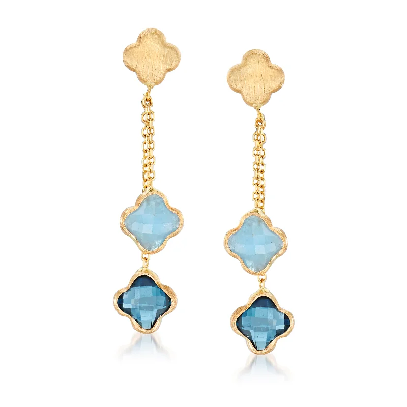 Ross-Simons Italian London Blue Topaz and Aquamarine Flower Drop Earrings in 14kt Yellow Gold