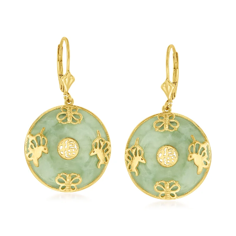 Ross-Simons Jade "Good Fortune" Butterfly Drop Earrings in 18kt Gold Over Sterling