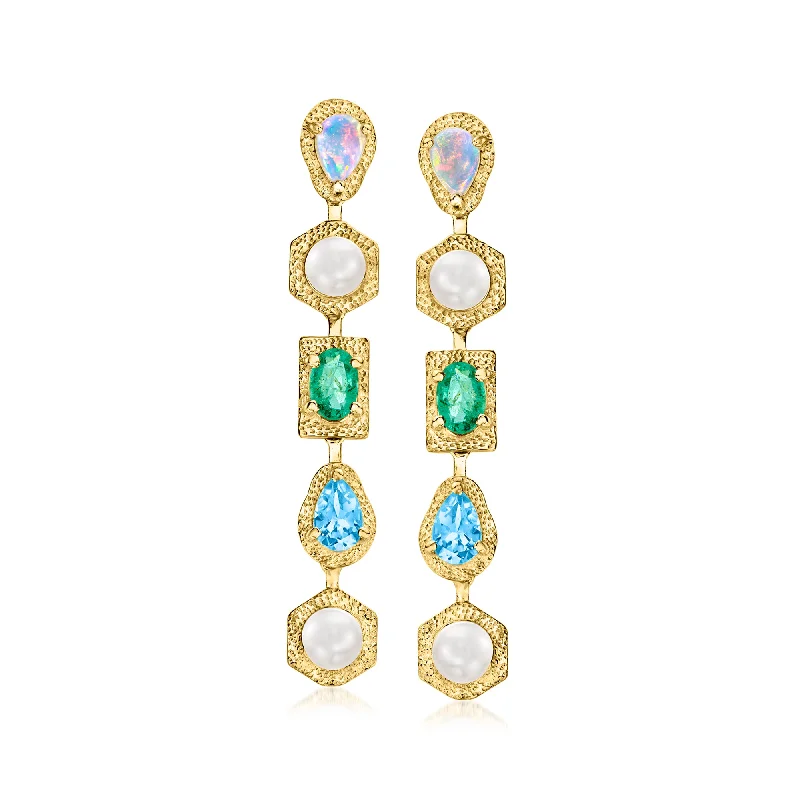 Ross-Simons Opal and 4.5-5mm Cultured Pearl Drop Earrings With Swiss Blue Topaz and . Emerald in 18kt Gold Over Sterling