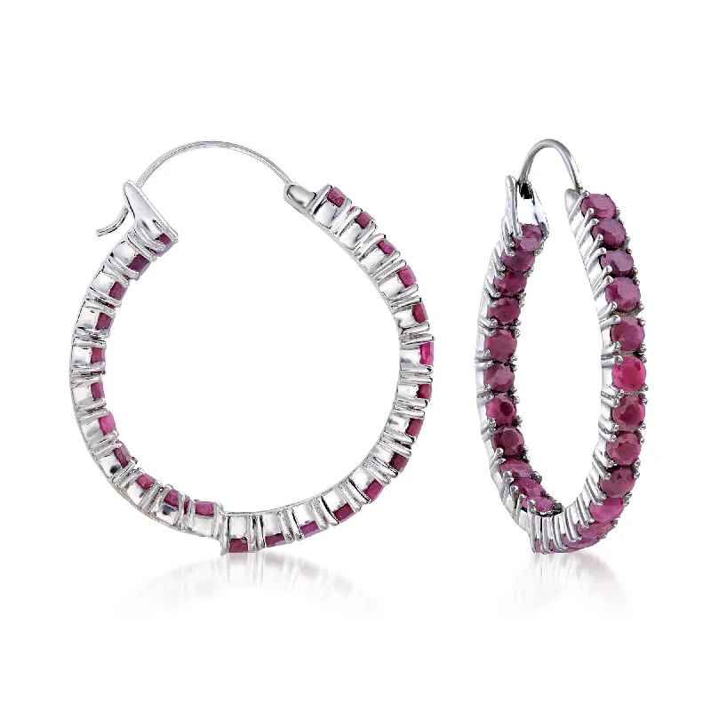 Ross-Simons Ruby Inside-Outside Hoop Earrings in Sterling Silver