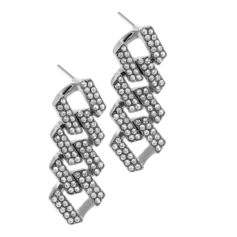 Silver Plated Edgy Cuban Chain Crystal Drop Earrings