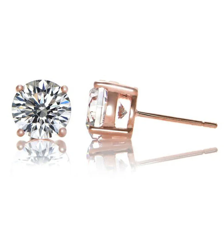 Sterling Silver 18k rose gold plated with Clear Cubic Zirconia Solitaire Stud Earrings