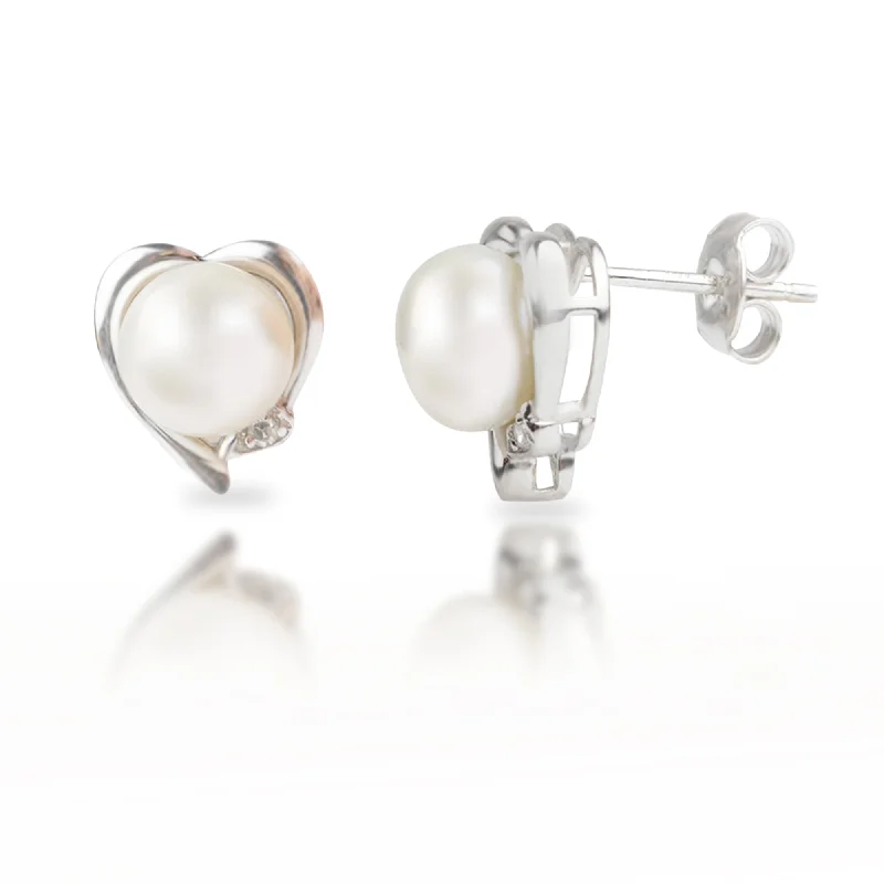 Sterling Silver Freshwater Pearl Heart Earrings With Diamond Accents