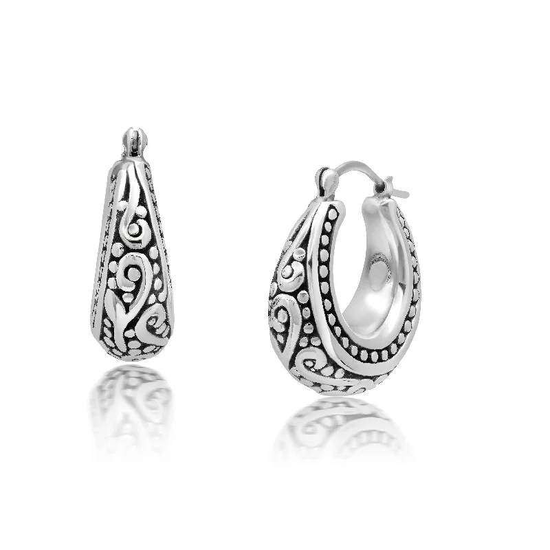 Sterling Silver Oval Filigree and Beaded hoop Earrings