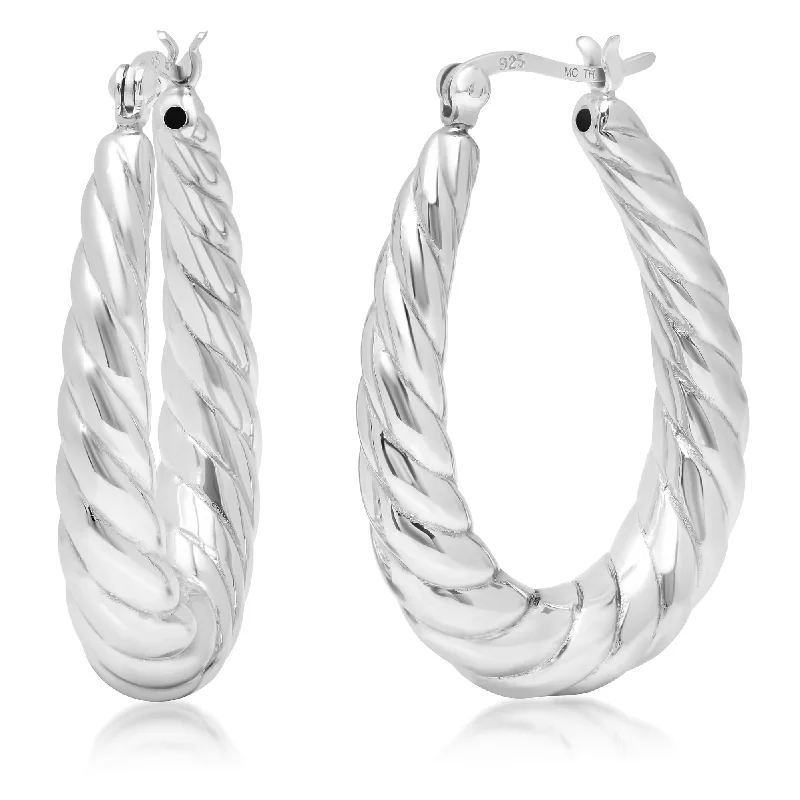 Sterling Silver Rope Texture Oval Hoop Earrings