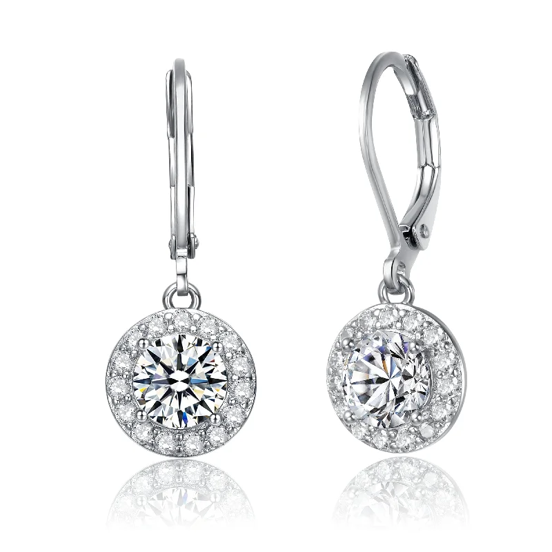 Sterling Silver White Gold Plating with Clear Cubic Zirconia Halo Drop Dangle Earrings