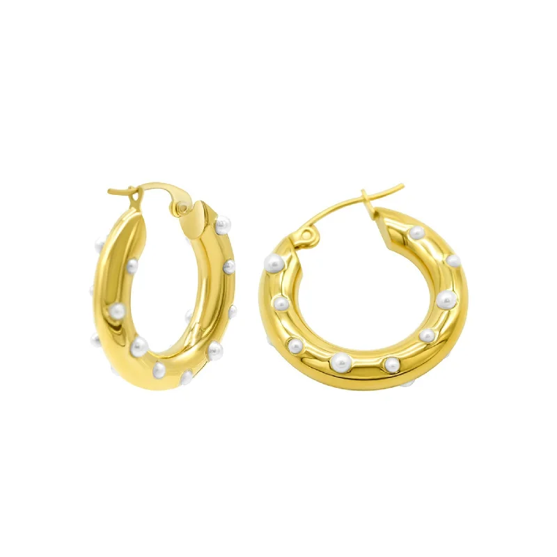 Tarnish Resistant 14K Gold Plated Pearl-Studded Hoop Earrings