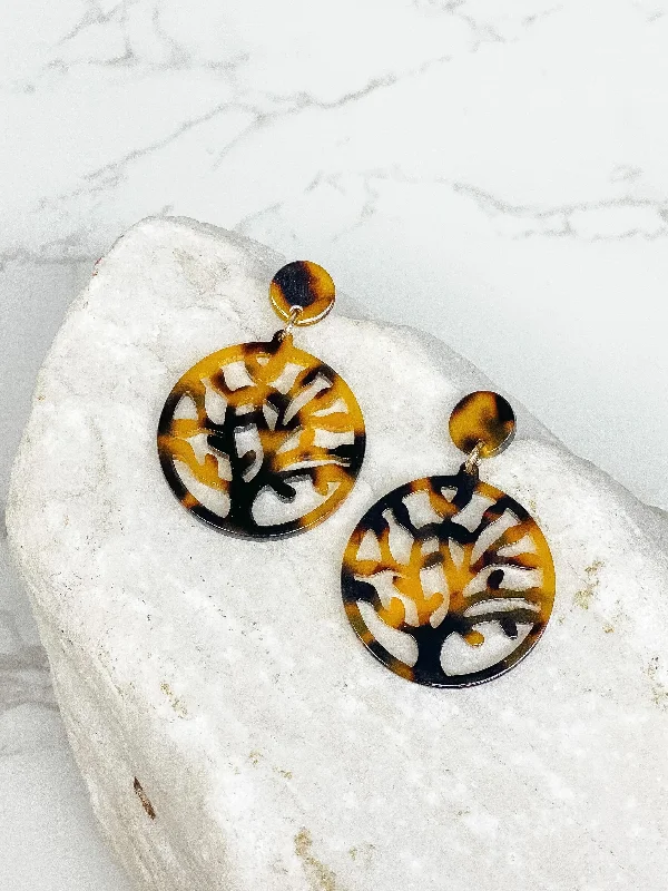 Your Perfect Accessory At The Perfect Price Acrylic Filigree Tree of Life Dangle Earrings - Tortoise