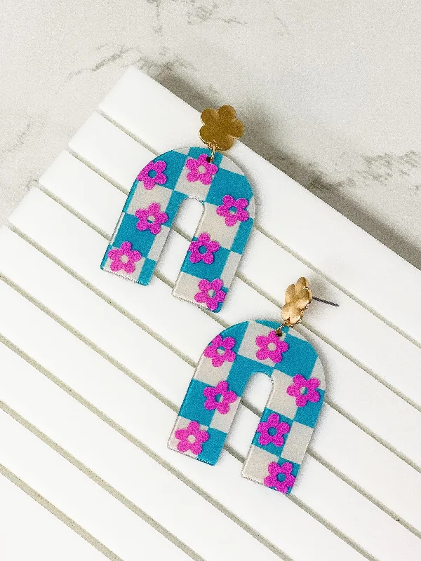 Handcrafted Jewelry Sale – Unique Designs At Low Prices Blue Checkered Flower Arch Dangle Earrings